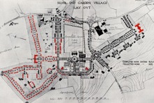 Silver End village plans showing in black the housing completed in 1927 and in red, planned housing, some of which was never actualy completed.